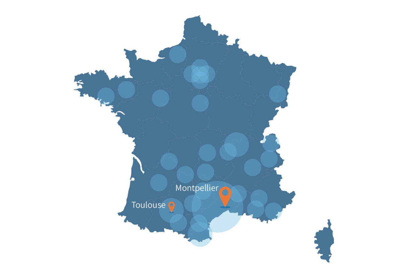 Carte de la France avec la localisation des bureaux One ID, , entreprise maintenance informatique Toulouse et Montpellier
